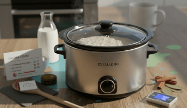 A modern slow cooker filled with rice pudding in the final cooking stage. Wooden spoon resting besid