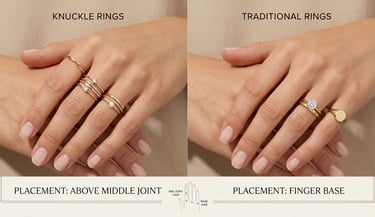 Comparison of traditional rings and modern knuckle rings on fashionable female hands