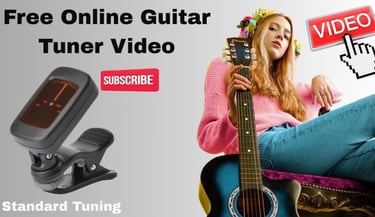 Free online guitar tuner video tutorial with a digital clip-on tuner and a girl holding an acoustic guitar.