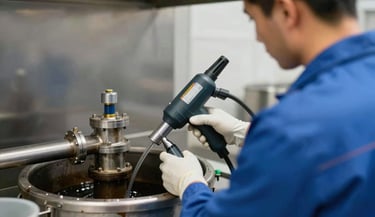 A technician performing maintenance on a grease trap in a commercial kitchen. Use of professional suction equipment, clean and organized workflow. Reliable and hygienic atmosphere. Elements of #347BBF and #E07A5F in the equipment details.