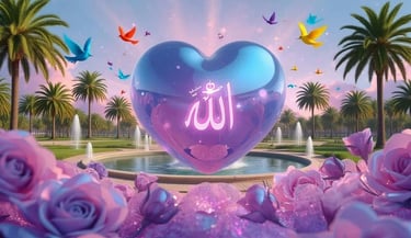 Glowing heart with Allah in Arabic calligraphy floating in sky a paradise garden flowers, rivers, palm trees colorful birds.