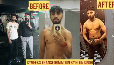Male 12-week fitness transformation showing muscle gain and fat loss progress.