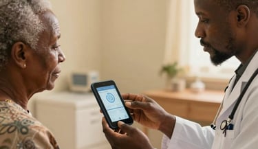 A West African / Nigerian family practitioner explaining a digital health report to an elderly patient, conveying extreme trust, elite medical environment, warm golden clinical lighting.