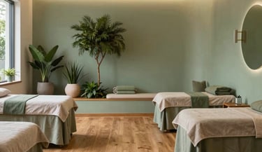 A serenity garden setting inside a wellness center in San Diego, California, featuring warm wooden floors, soft ambient light, and organic sage green decorations.