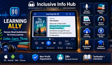 Learning Ally Review 2025 featured image showing audiobook interface with human narration, VOICEtext sync, and 80,000+ titles