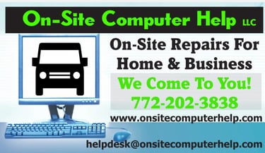 On-Site Computer Help advertisement offering home and business PC repairs with contact details.