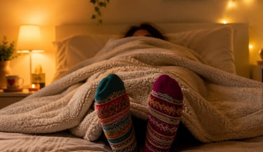 Person wearing colorful patterned wool socks relaxing in a cozy bed with warm fairy lights.