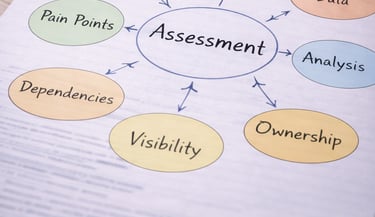 Assessment diagram showing pain points, constraints, dependencies, and root causes.