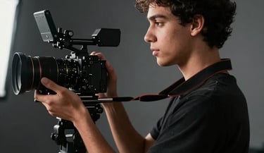 Side profile of a young creative filmmaker with a camera, focused expression, cinematic backlight, dark gray and black tones, professional South American / Brazilian production environment.