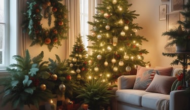 Cozy living room with Christmas trees, wreaths, and potted plants decorated with warm holiday lights.