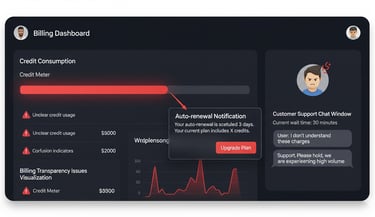 Billing dashboard showing user pain points like credit confusion and auto-renewal issues.