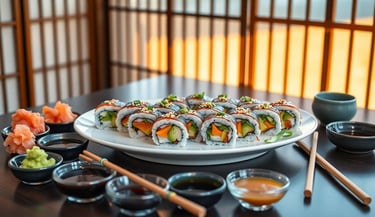 a plate of sushi rolls with chopsticks