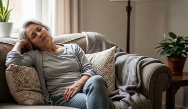 Pessoa madura sentada no sofá durante o dia, postura relaxada porém cansada, ambiente doméstico simples, luz natural suave.