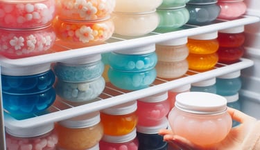 a person holding a jar of jelly in front of a fridge, with various jellies in fridge