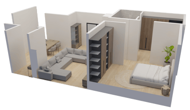 3D floor plan layout of a modern studio apartment with a grey sectional sofa and neutral bedroom decor.