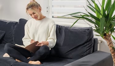 Calm morning routine with journaling and tea to support stress relief and relaxation