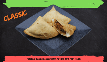 Classic Samosa – Crispy golden pastry filled with spiced potatoes and peas.