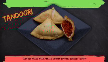 Tandoori Samosa – Smoked tandoori-spiced filling wrapped in a crispy shell.
