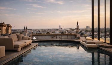 Luxury rooftop hotel pool overlooking a historic European city skyline at sunset.