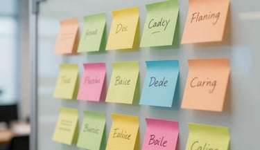 A close-up shot of colored design sticky notes on a glass whiteboard representing the discovery and planning phase. Located in a professional office in North American / US, modern and professional feel.