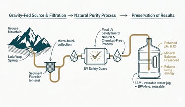 Gravity fed spring water from Grouse Mountain through UV filtration into a BPA free jug.