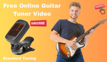 A man holding an electric guitar next to a digital clip-on tuner for a free online guitar tuning video.