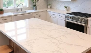 A bright, modern kitchen with quartz countertops.