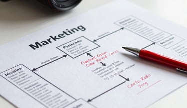 A close up photo of a marketing roadmap document with handwritten notes and a red pen, high contrast, on a clear white table.