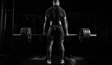 Rear view of a bodybuilder performing a heavy barbell deadlift in a dark gym.