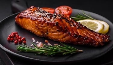 Grilled teriyaki salmon fillet on a black plate with rosemary, lemon, and cherry tomatoes.