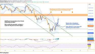 Chart showing SHIB's bullish momentum with significant trading volume, Bollinger Bands nearing upper