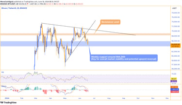 Bitcoin price chart showing the critical weekly support area around $64,000. Despite the price decli