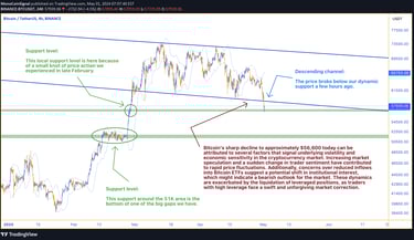 Bitcoin's price on Binance 4-hour chart shows significant bearish trend. Oversold conditions indicat