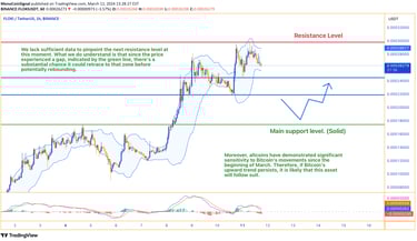 FLOKI chart analysis, indicating consolidation with key support levels, positive correlation to Bitc