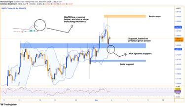 BAKE token 4-hour chart analysis - Consolidation phase, neutral RSI, defined support and resistance 