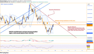 Chart showing bullish momentum for PEPE on Binance, with positive MACD crossover, RSI climbing above