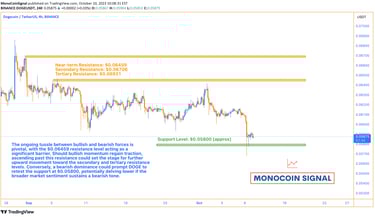 A graphical analysis of Dogecoin's price movement, highlighting the resistance level at $0.06459, th