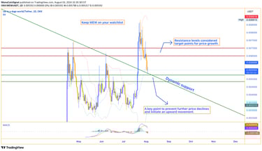 MEW price chart highlighting support range with potential price targets at $0.0065 and $0.007.