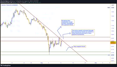 Fetch.AI price chart showing current support levels at $0.70 and $0.74, with resistance levels at $0