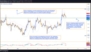 WIF price chart showing stabilization at $1.65 after a rally to $1.77, with tightening Bollinger Ban