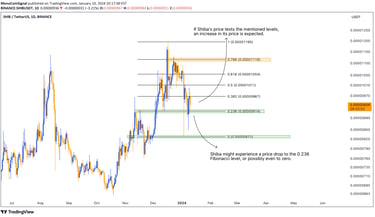 Shiba's daily Fibonacci analysis indicating potential price decline to 0.236 level, anticipating sub