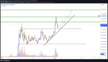 SHIBA price follows an ascending trendline, approaching resistance at $0.00003100 and $0.00003600. A