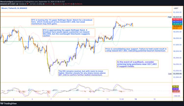 Bitcoin consolidates around $59,800, facing resistance at $61,348 and support at $57,463. Traders ar