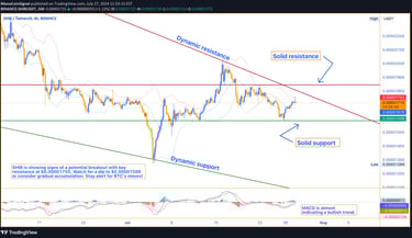 SHIB price analysis chart showing trading volume, Parabolic SAR, SMA, MACD, Stochastic Oscillator, R