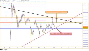 SHIB chart depicting a recent test of the support uptrend line and the $0.00002400 level, with a pri