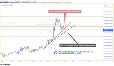 Chart showing MAGA (TRUMP) stock testing its second support level after losing a significant support