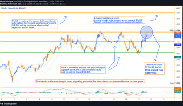 RUNE trades at $4.12, testing resistance at $4.16 with bullish momentum. Watch for a breakout or a p
