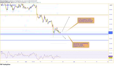 EGLD 4-hour chart showing the price oscillating above daily support at $27.5, with potential movemen