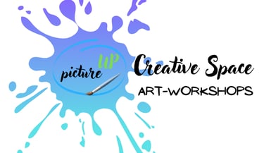 logo pictureup creative space art workshops blue splash with paintbrush and circle line