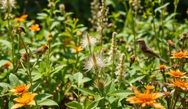 A vibrant food forest ecosystem showcasing natural pest control, featuring a diverse array of benefi